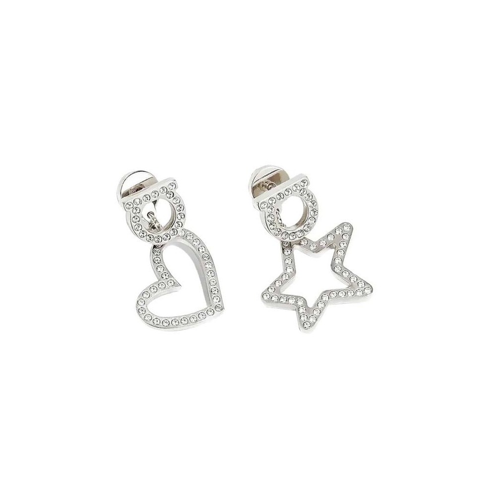 Salvatore Ferragamo Gancini Crystal Mismatched Heart Star Drop Earrings Silver